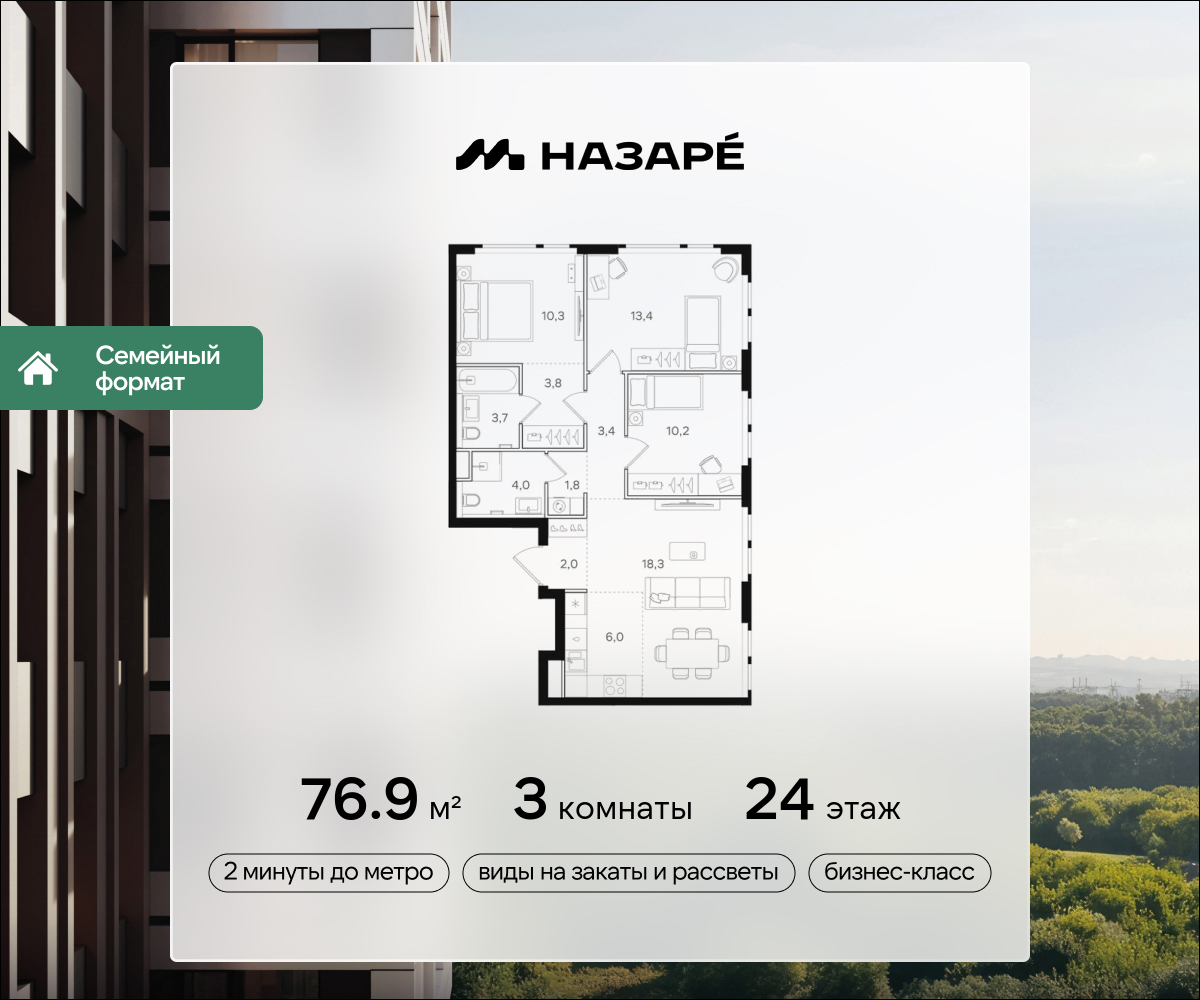 3-комнатная 76 м2 в ЖК НАЗАРÉ корпус null этаж 24