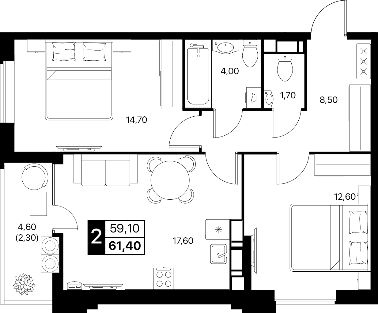 2-комнатная 61 м2 в ЖК Эстет корпус null этаж 15