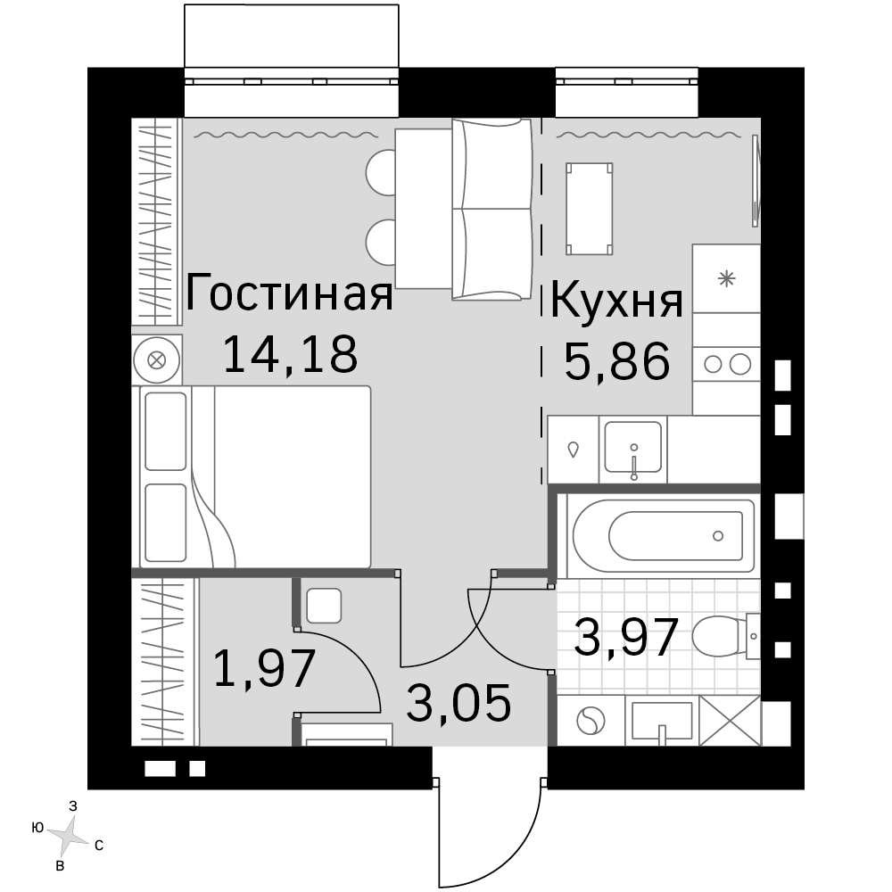1-комнатная 29 м2 в ЖК Жаворонки Клаб корпус null этаж 2
