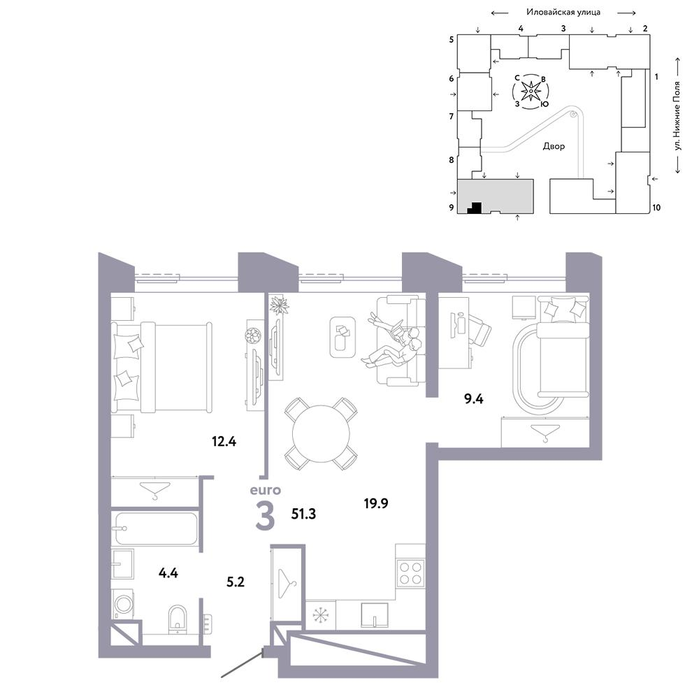 3-комнатная 51 м2 в ЖК Страна.Заречная корпус null этаж 28