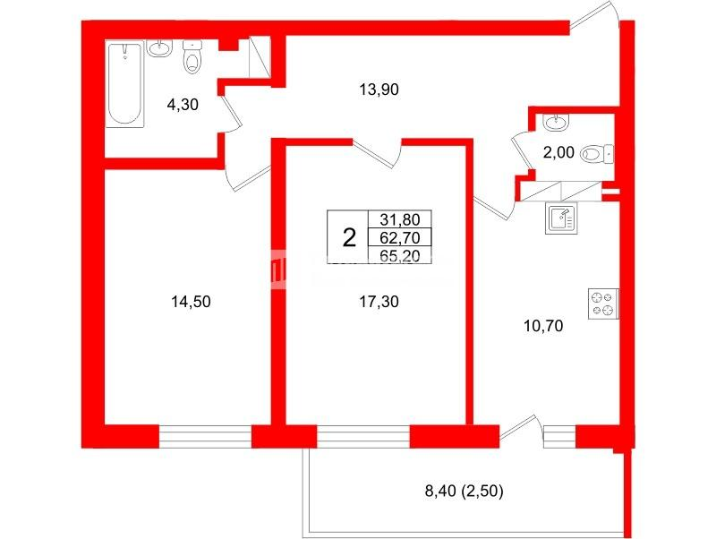 2-комнатная 67 м2 в ЖК Экос корпус null этаж 16