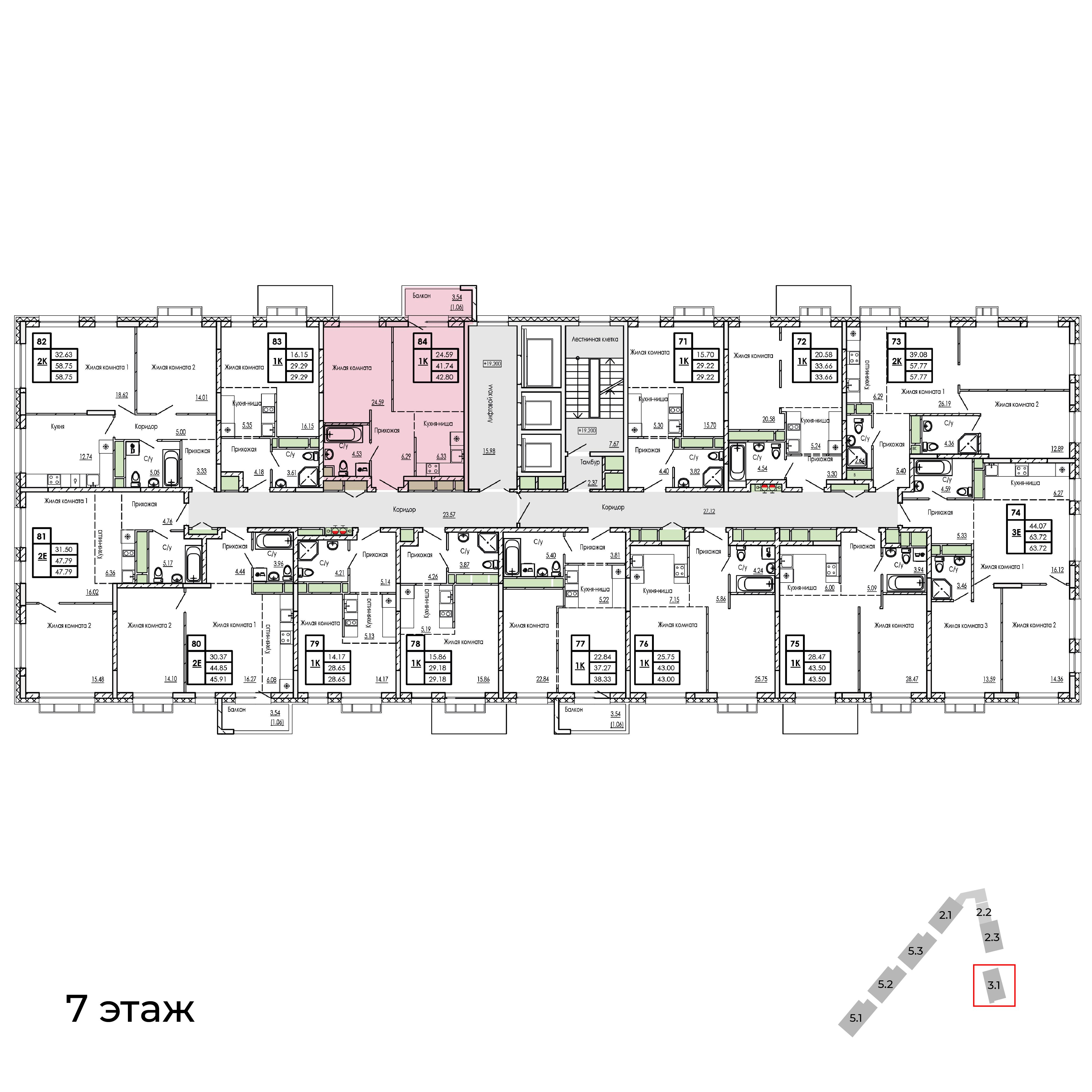 1-комнатная 42 м2 в ЖК Сенсация корпус null этаж 7