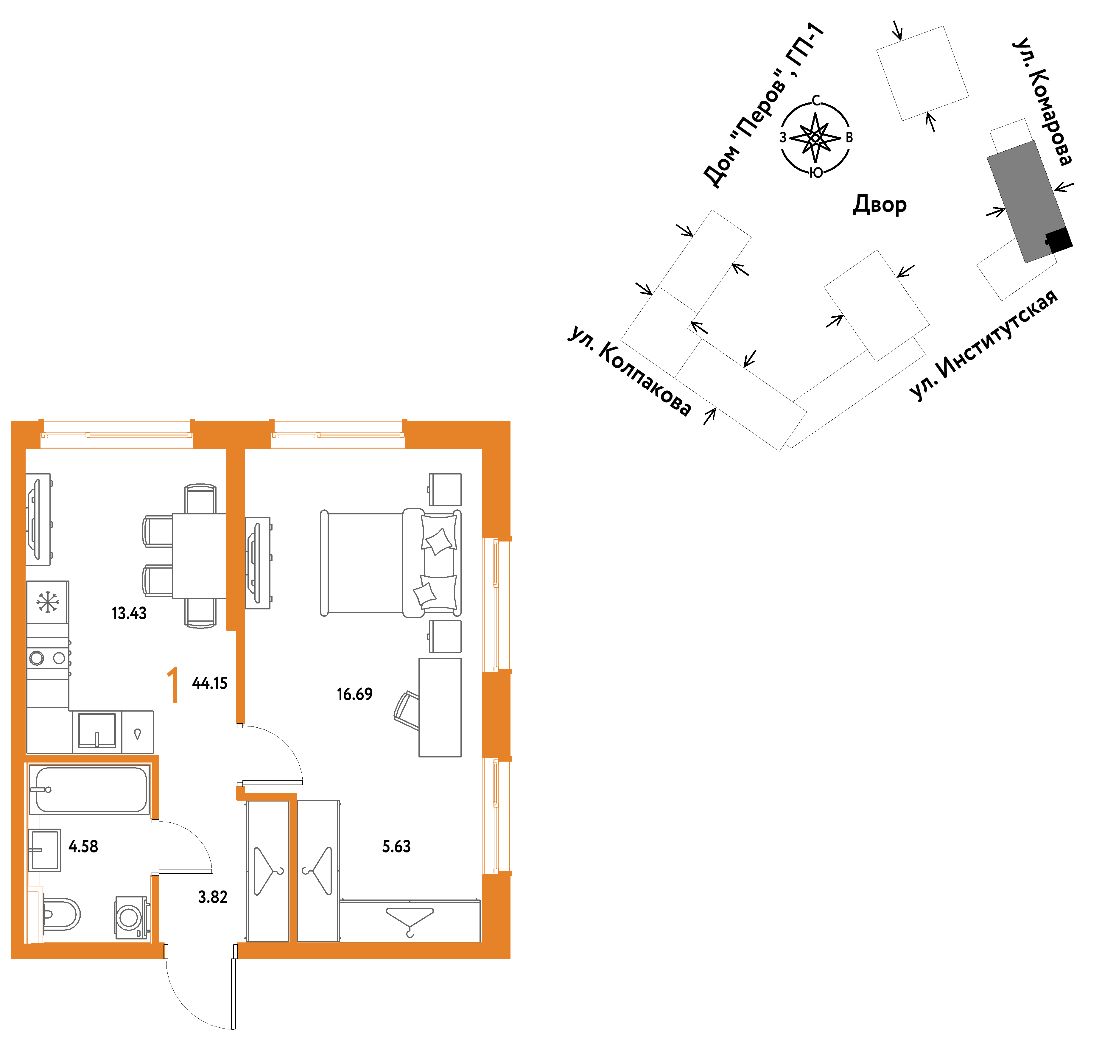 1-комнатная 44 м2 в ЖК Страна.Парковая корпус null этаж 8