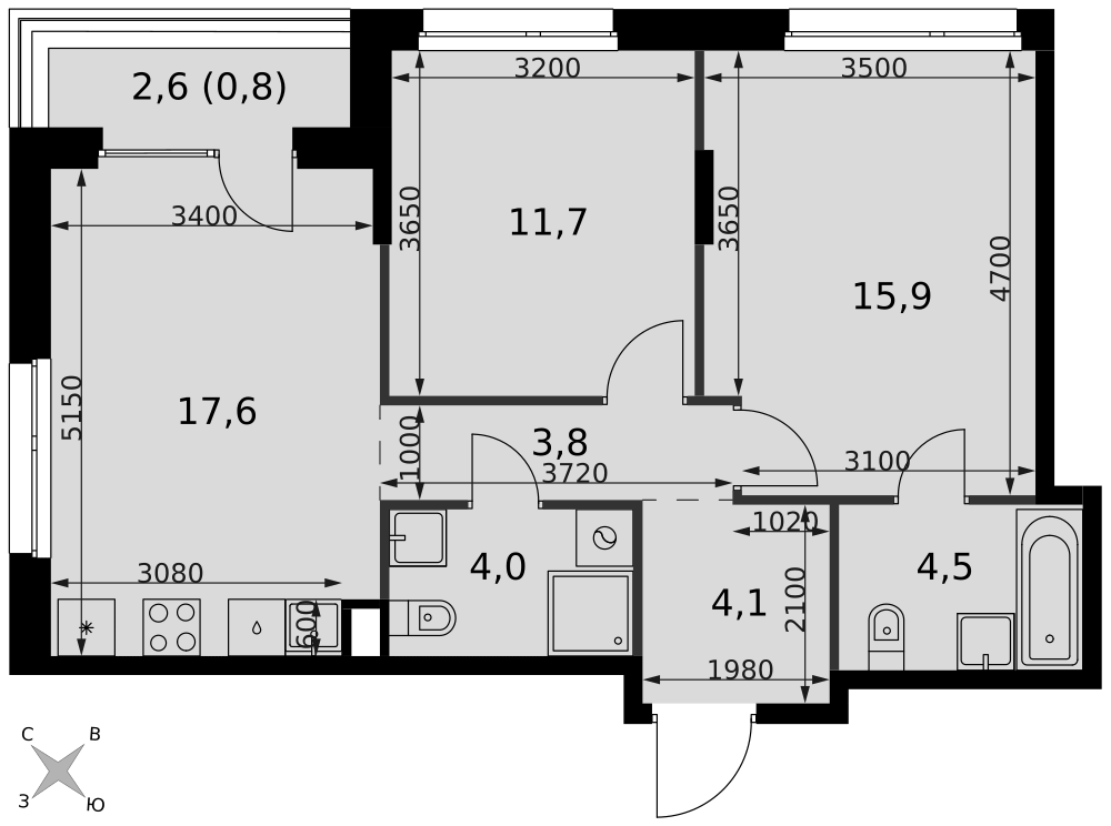 3-комнатная 62 м2 в ЖК Симоновский Вал корпус null этаж 17