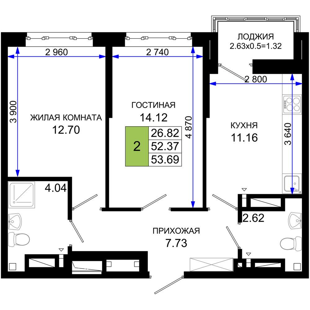 2-комнатная 53 м2 в ЖК Октябрь парк корпус null этаж 15