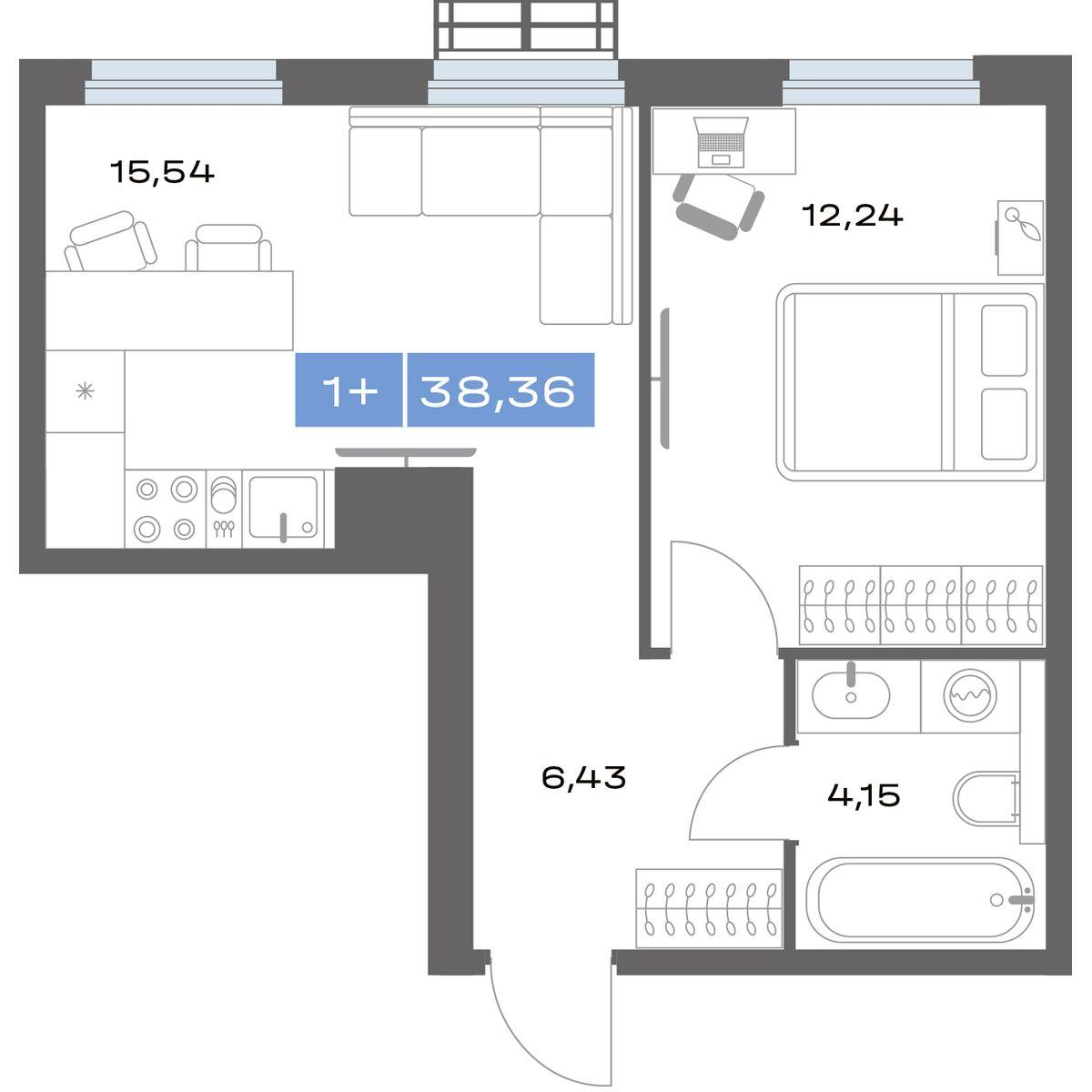 1-комнатная 38 м2 в ЖК Толк Медный корпус null этаж 7