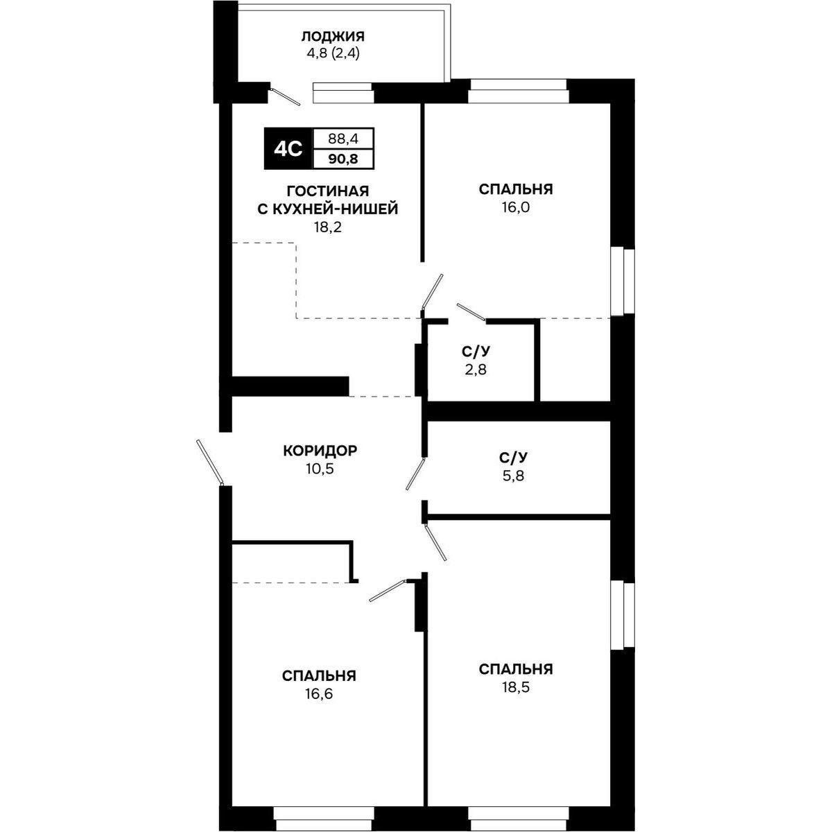 4-комнатная 90 м2 в ЖК Микрорайон Никольский корпус null этаж 17