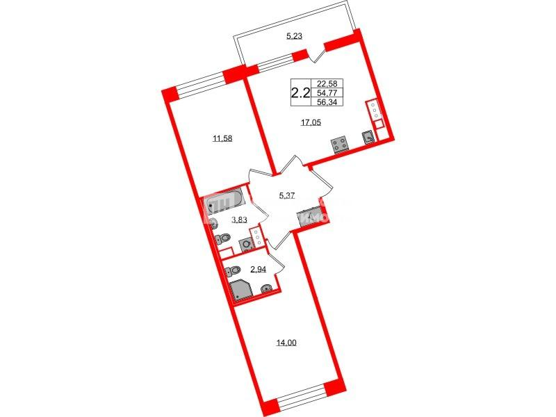 2-комнатная 54 м2 в ЖК Астра Континенталь корпус null этаж 3