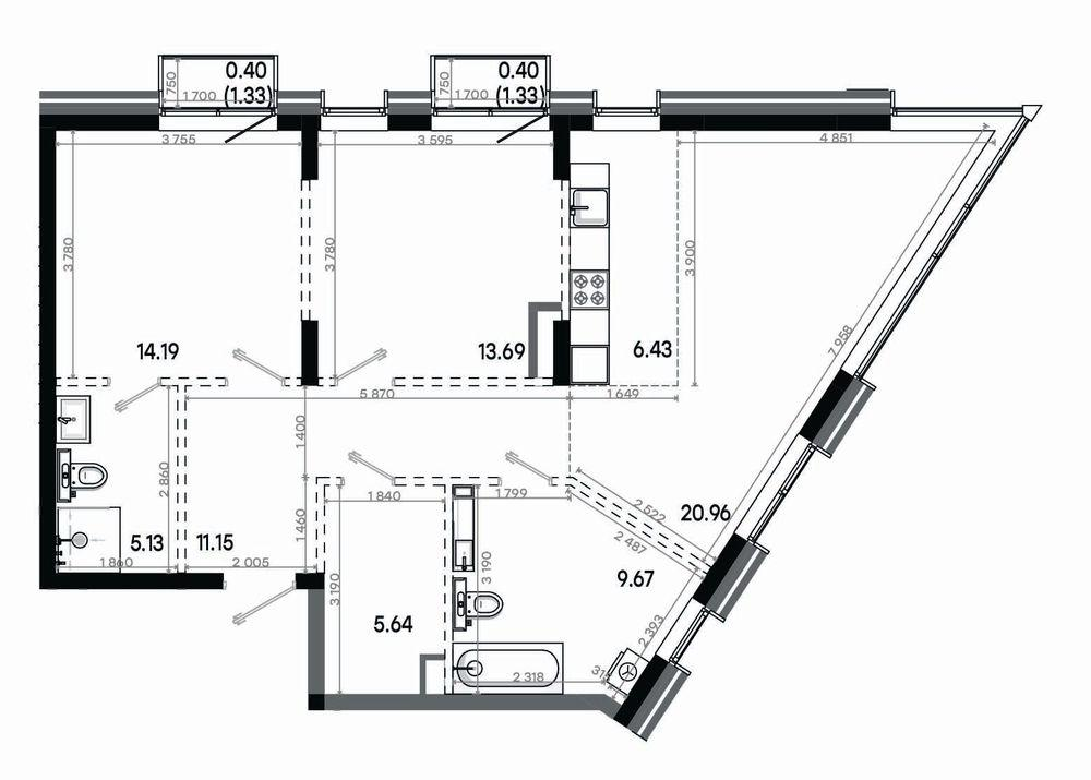 3-комнатная 87 м2 в ЖК Минтимер корпус null этаж 15