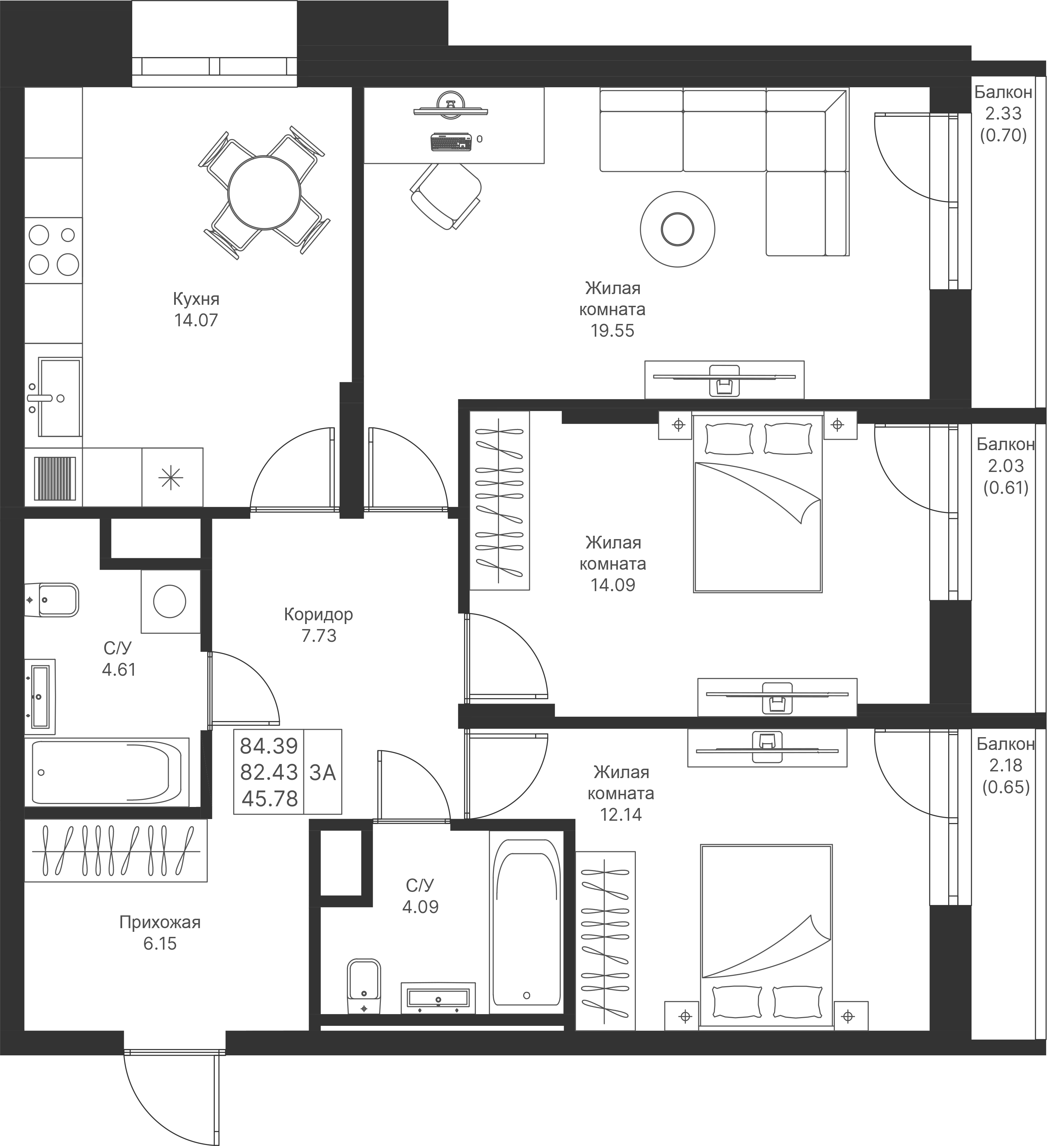 3-комнатная 84 м2 в ЖК Мой Ритм корпус null этаж 5