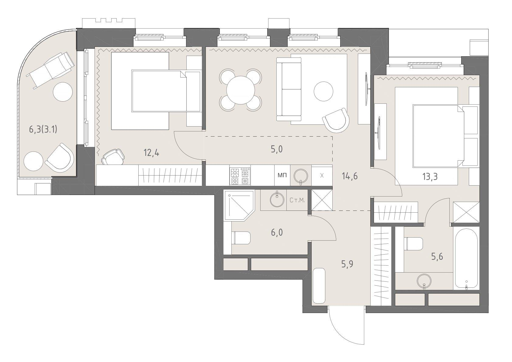 3-комнатная 65 м2 в ЖК Родина парк корпус null этаж 15