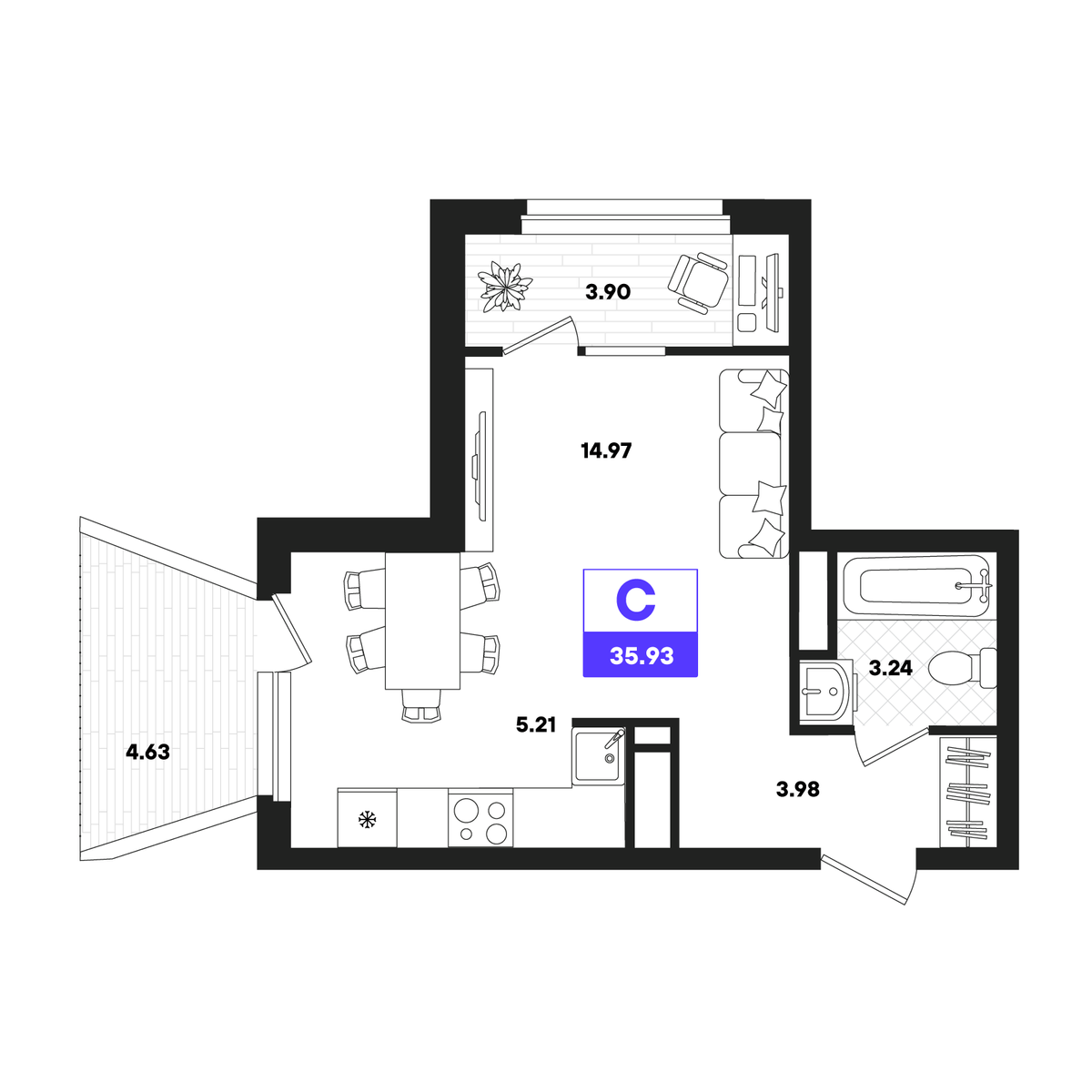 Студия 35 м2 в ЖК Отличие корпус null этаж 21