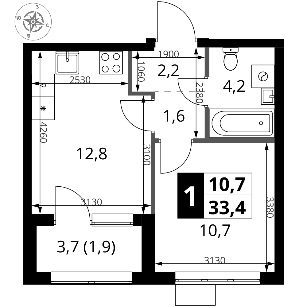 1-комнатная 33 м2 в ЖК 1-й Ясеневский корпус null этаж 3