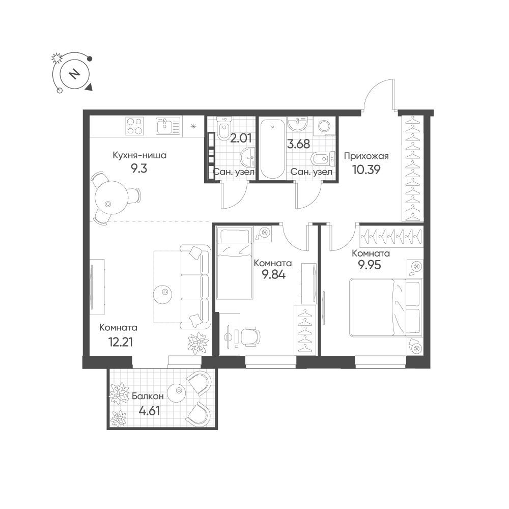 3-комнатная 58 м2 в ЖК Балтым-Парк корпус null этаж 4