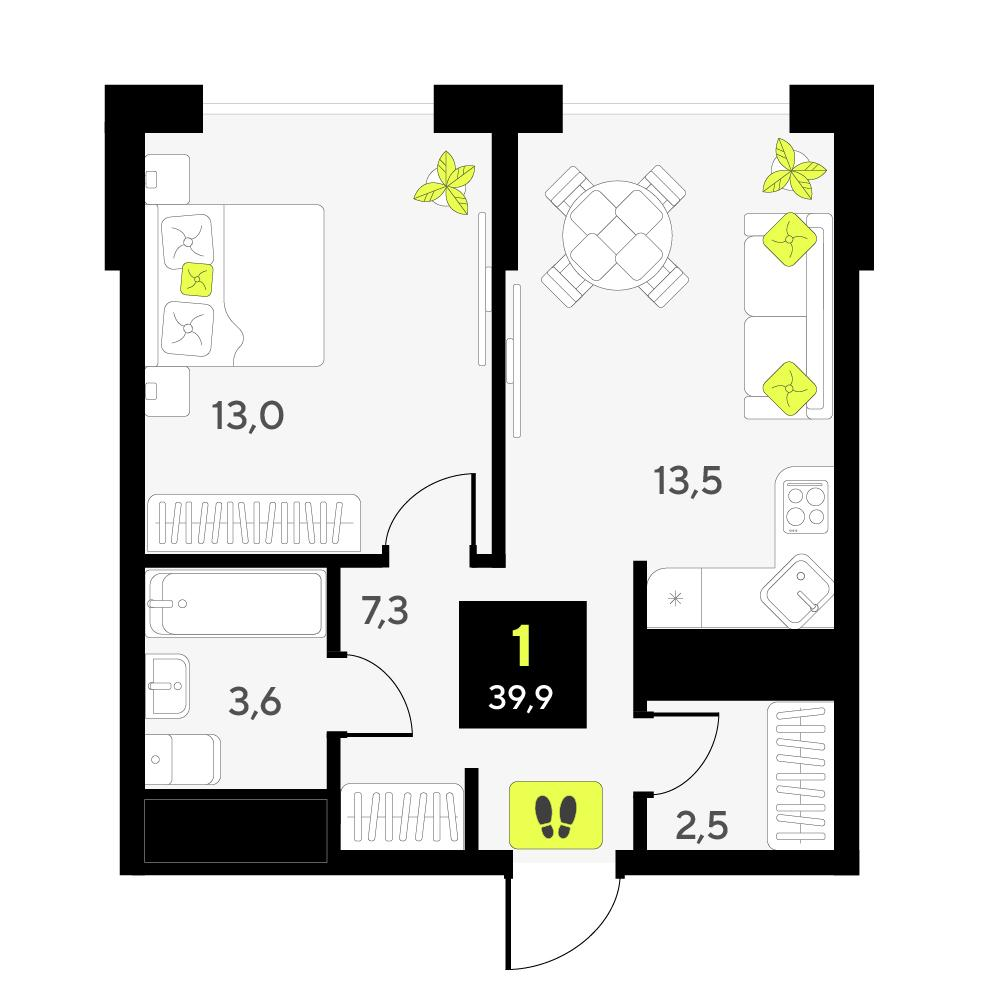 1-комнатная 39 м2 в ЖК Мотивы корпус null этаж 2