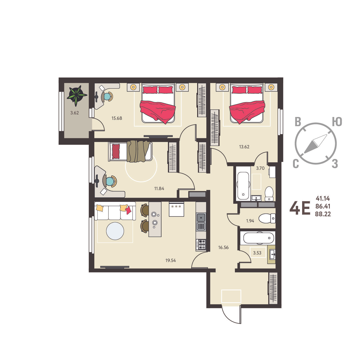 3-комнатная 88 м2 в ЖК Инстеп.Сити корпус null этаж 15