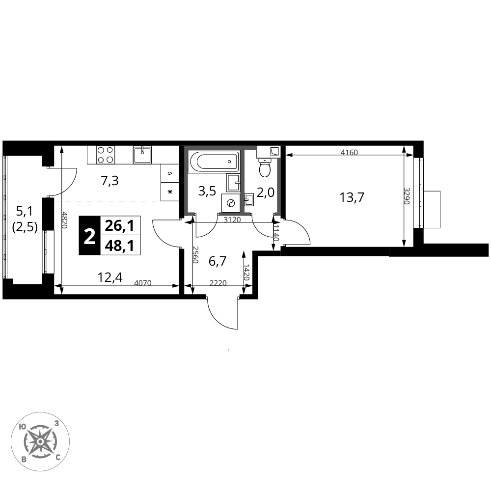 2-комнатная 48 м2 в ЖК 1-й Шереметьевский корпус null этаж 15