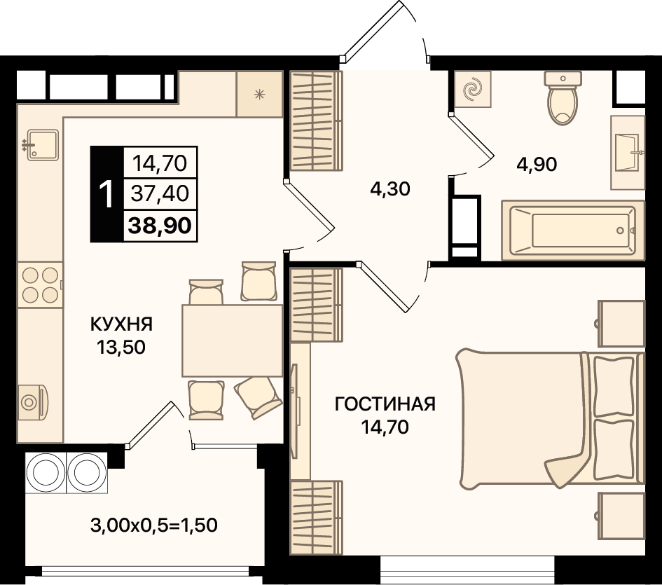 1-комнатная 38 м2 в ЖК Движение61 корпус null этаж 14