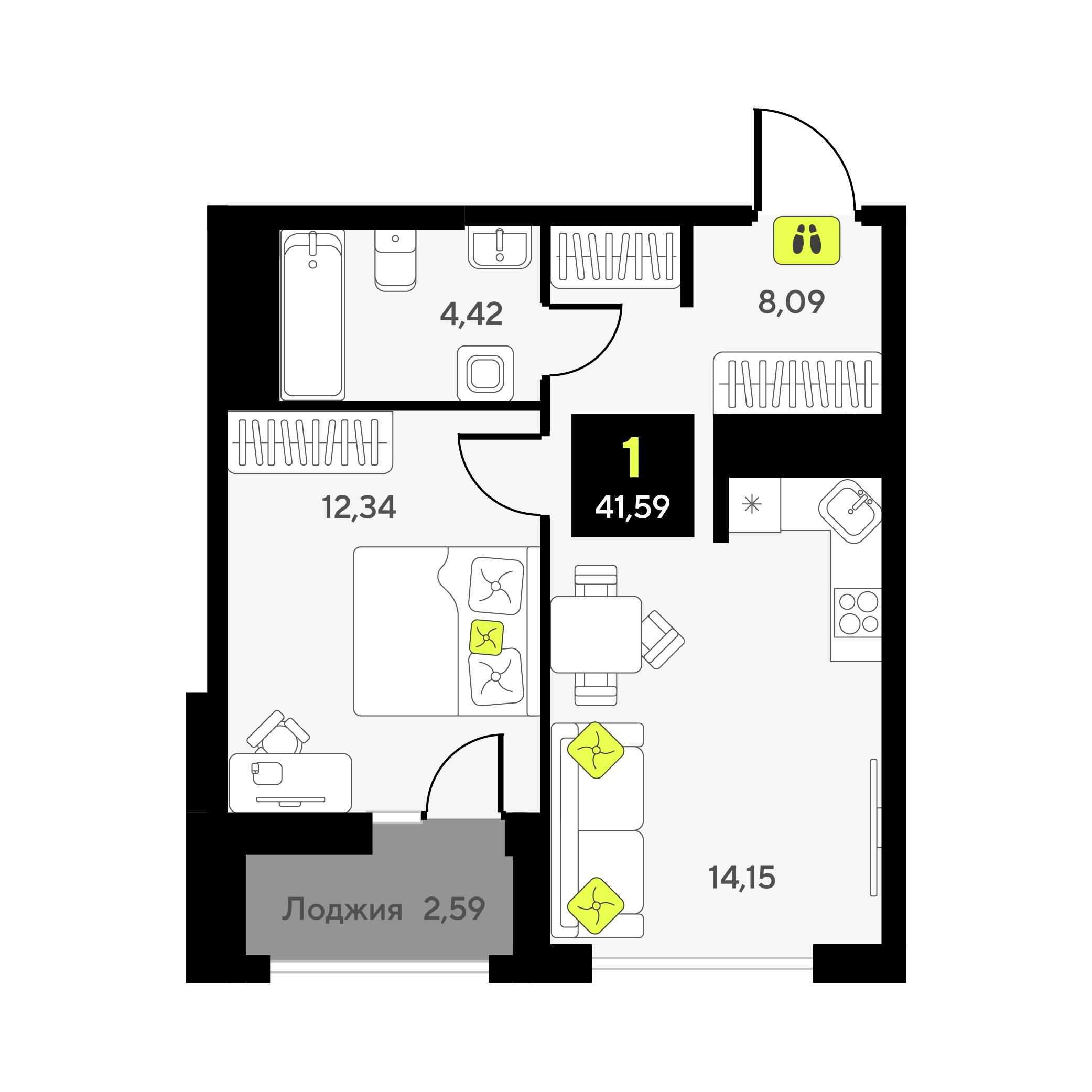 1-комнатная 41 м2 в ЖК Мотивы корпус null этаж 8