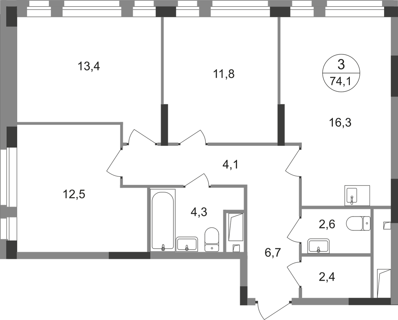 3-комнатная 74 м2 в ЖК Первый Московский корпус null этаж 16
