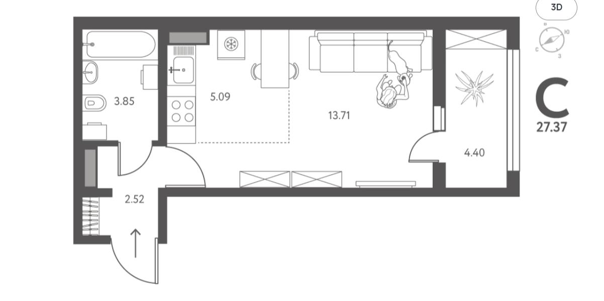 Студия 27.4 м2 в ЖК undefined корпус null этаж 5