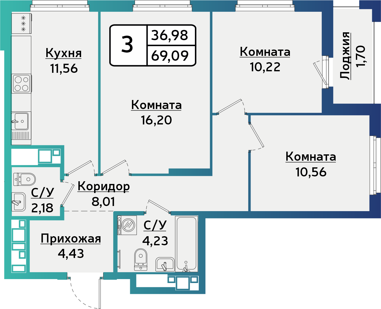 3-комнатная 69 м2 в ЖК БЕРША СИТИ корпус null этаж 7