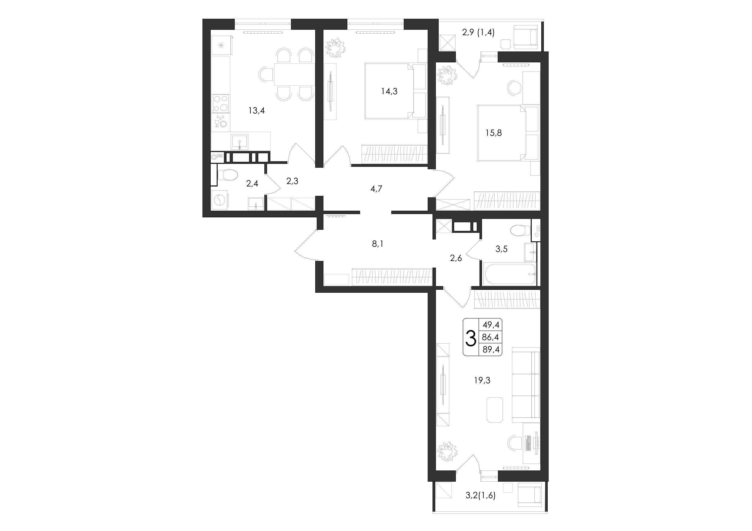 3-комнатная 89 м2 в ЖК Яблоневые сады корпус null этаж 16