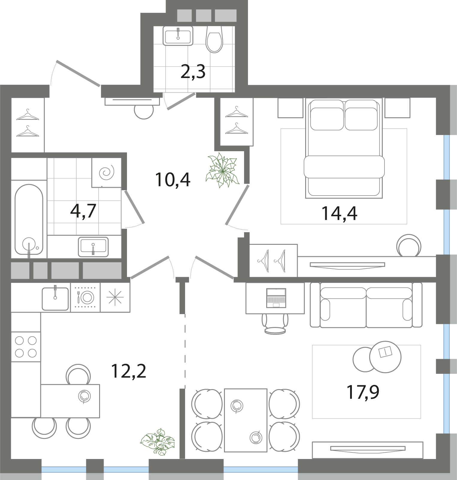 2-комнатная 61 м2 в ЖК G3 Театральный корпус null этаж 1