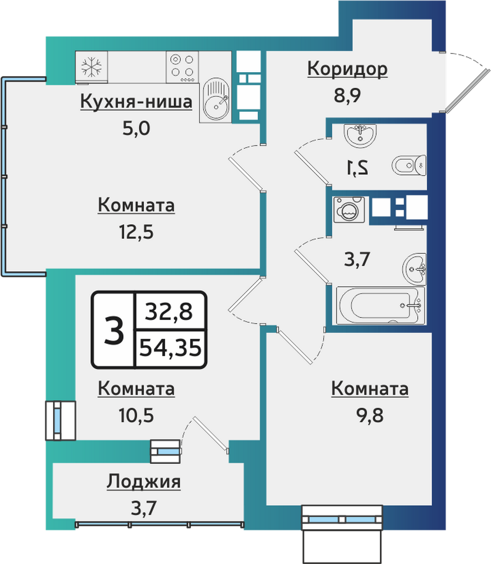 3-комнатная 54 м2 в ЖК ARTNOVA корпус null этаж 2