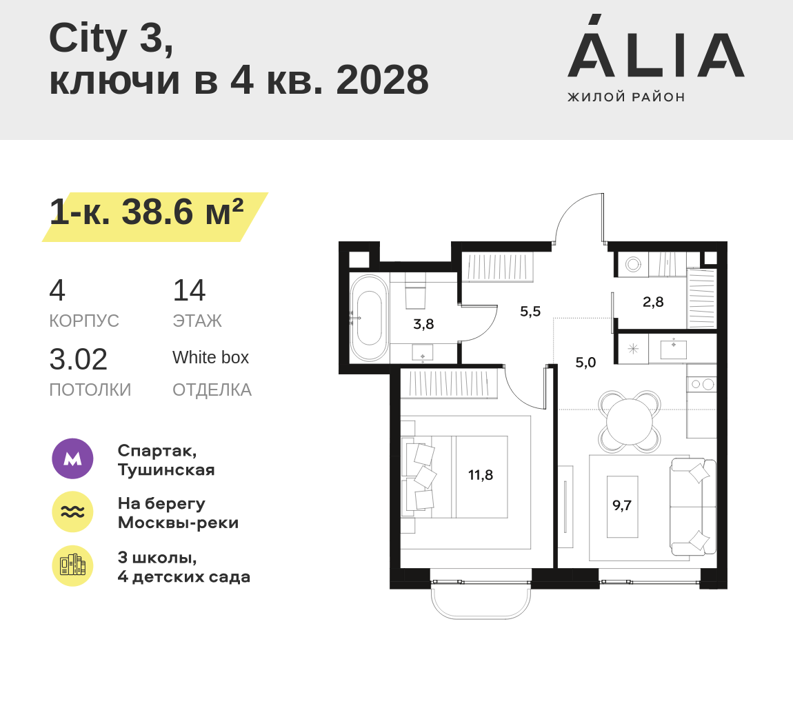 1-комнатная 38 м2 в ЖК ALIA корпус null этаж 14