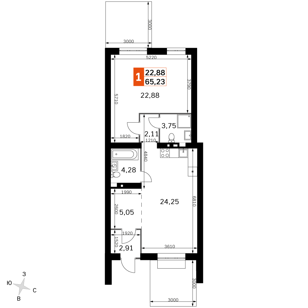 2-комнатная 65 м2 в ЖК Жаворонки Клаб корпус null этаж 1