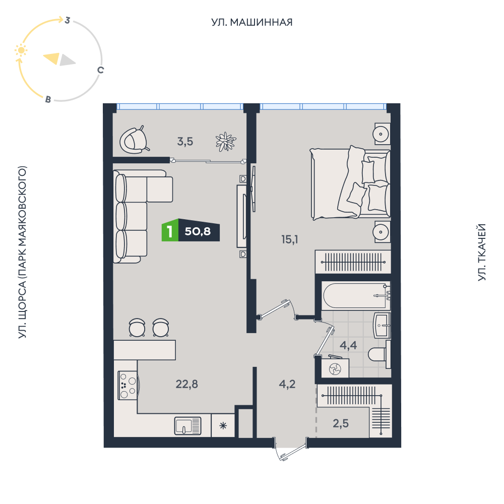 1-комнатная 50 м2 в ЖК Clever park корпус null этаж 15