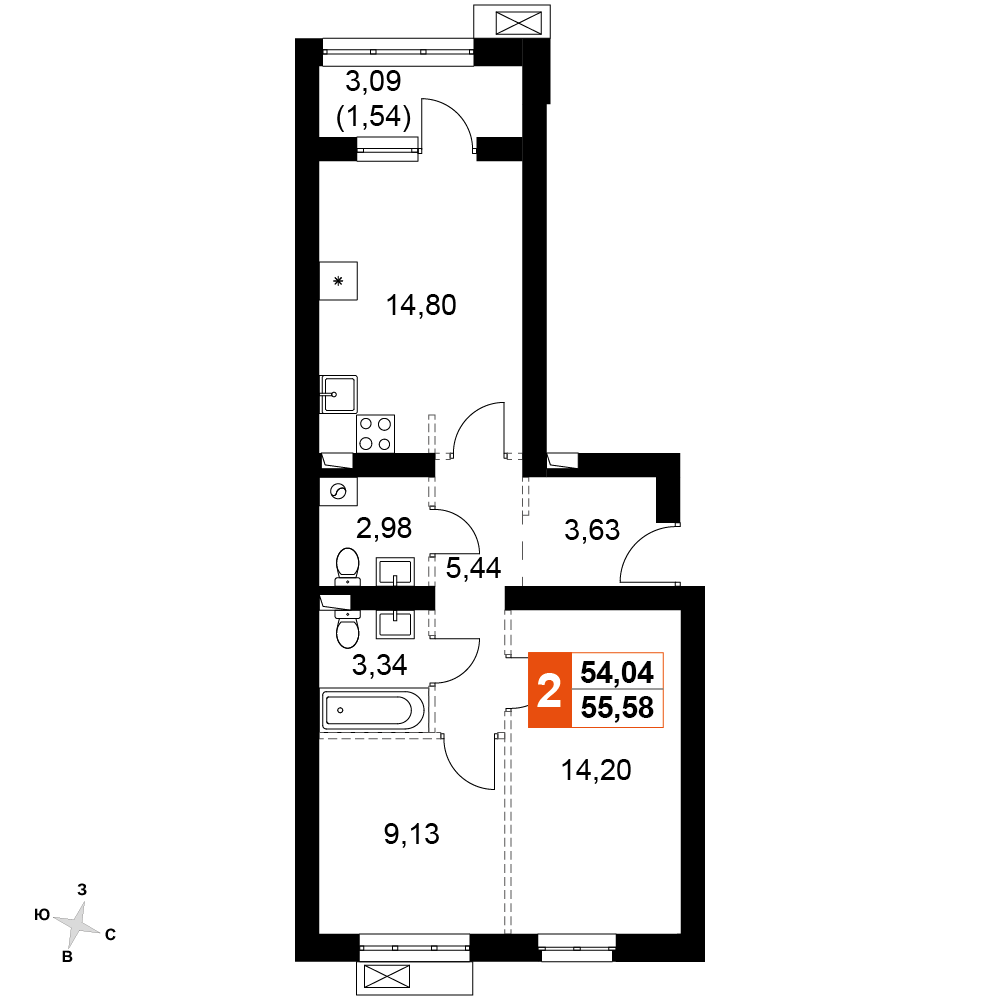 2-комнатная 55 м2 в ЖК Жаворонки Клаб корпус null этаж 3