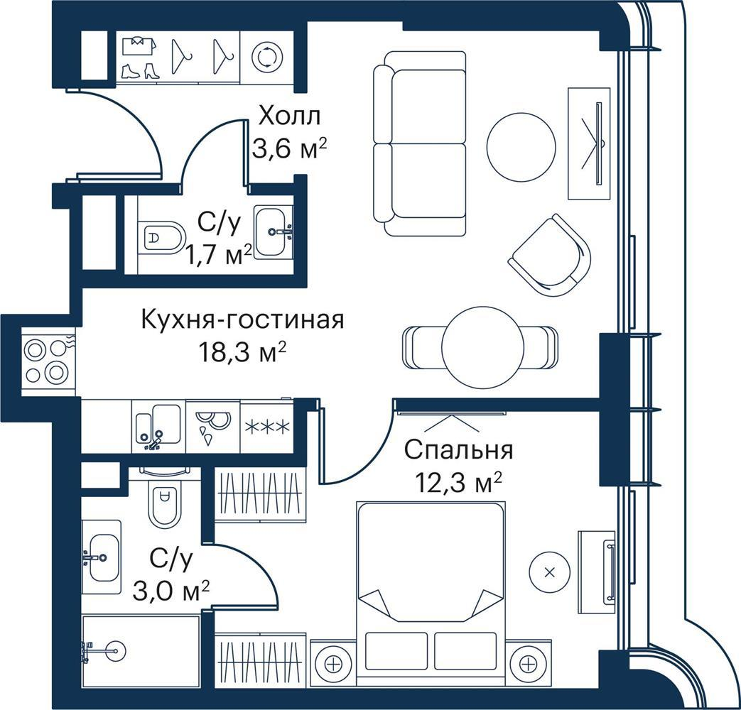 1-комнатная 38 м2 в ЖК CITY BAY корпус null этаж 34