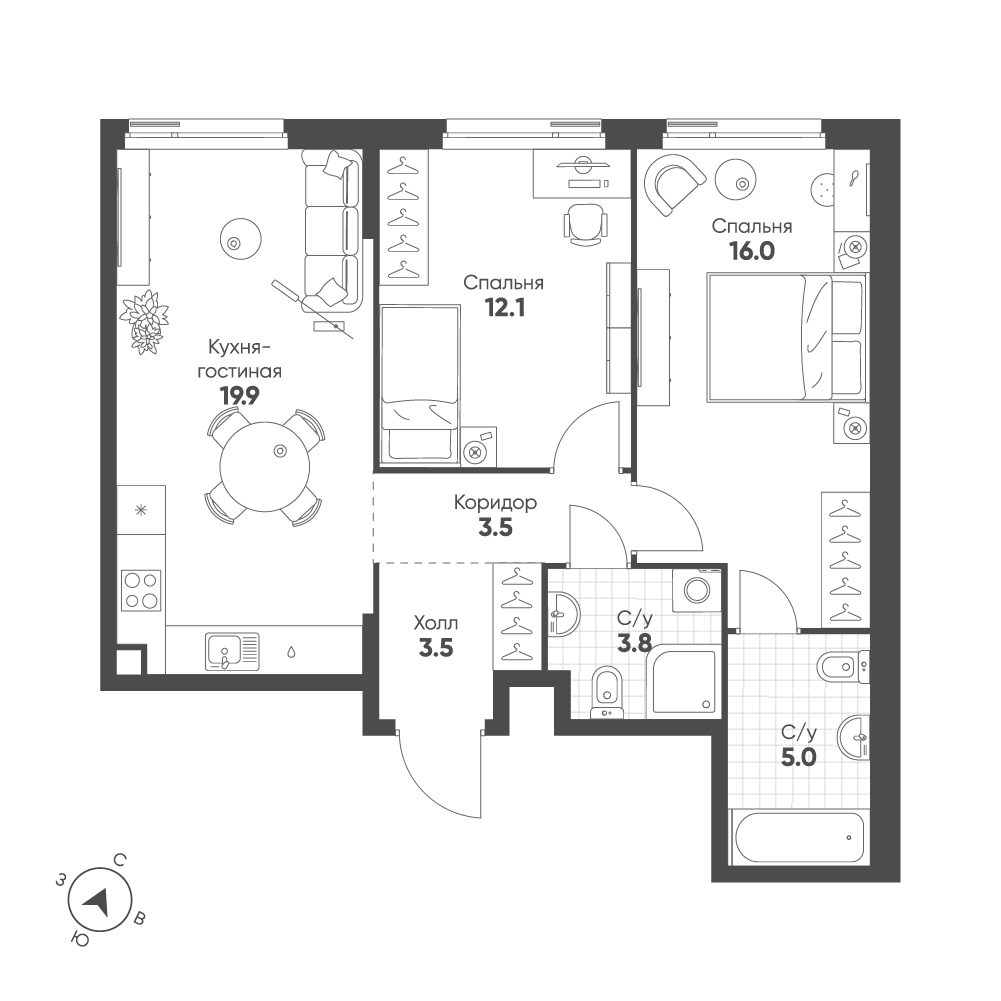 2-комнатная 63 м2 в ЖК Shagal корпус null этаж 5