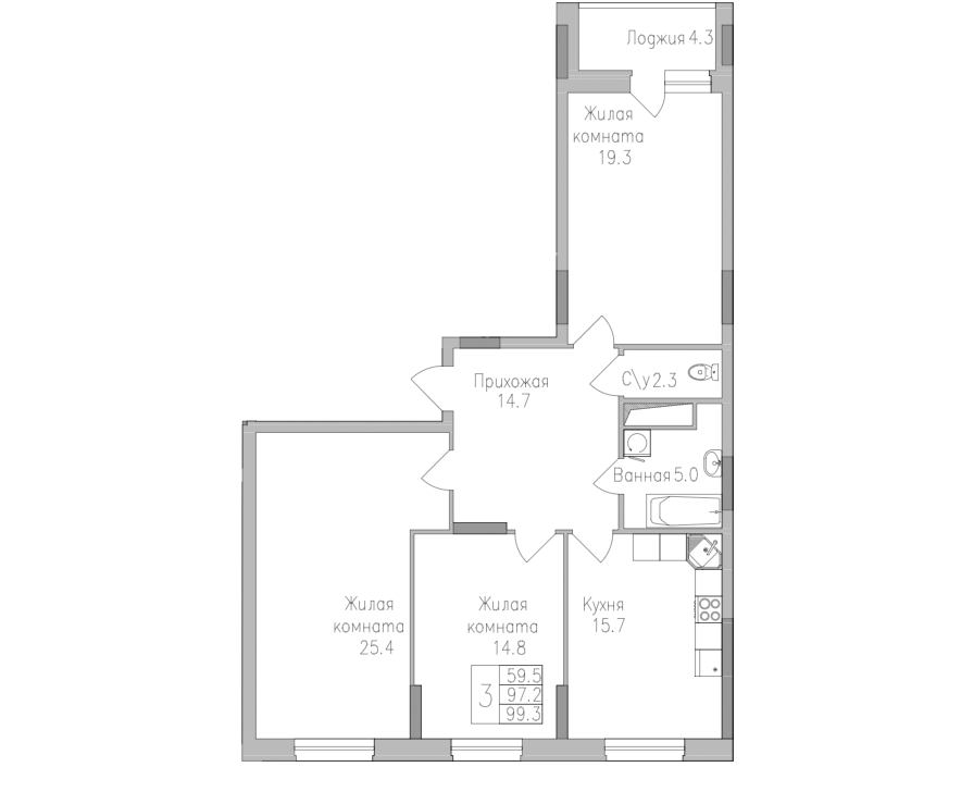 3-комнатная 99.4 м2 в ЖК undefined корпус null этаж 15