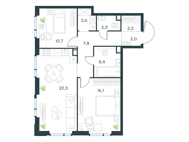 2-комнатная 71 м2 в ЖК Level Войковская корпус null этаж 2