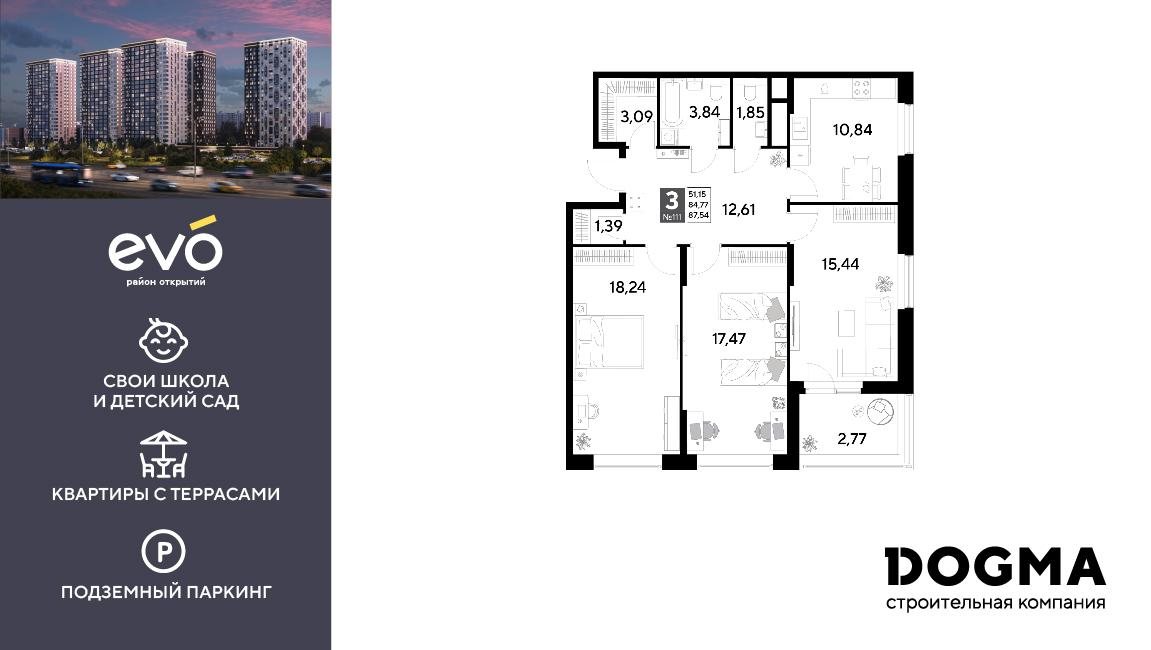 3-комнатная 87 м2 в ЖК ЭВО корпус null этаж 10