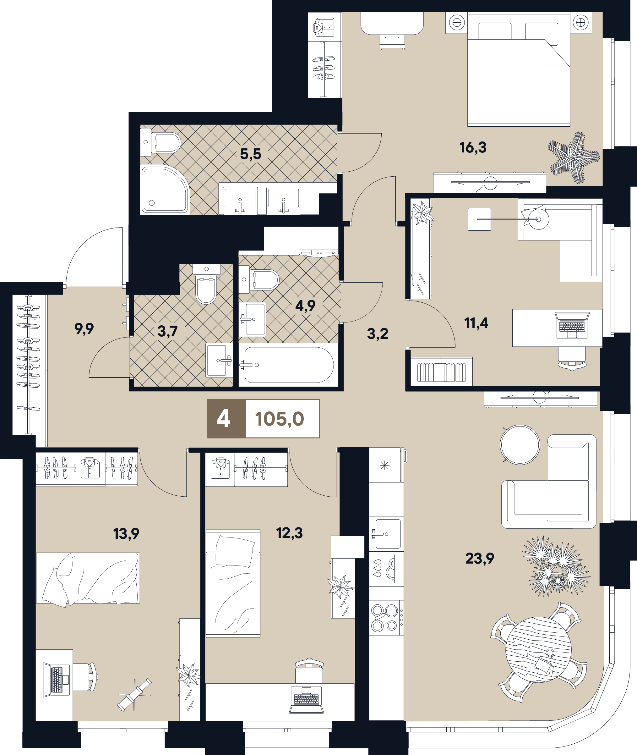 4-комнатная 105 м2 в ЖК Юту корпус null этаж 25