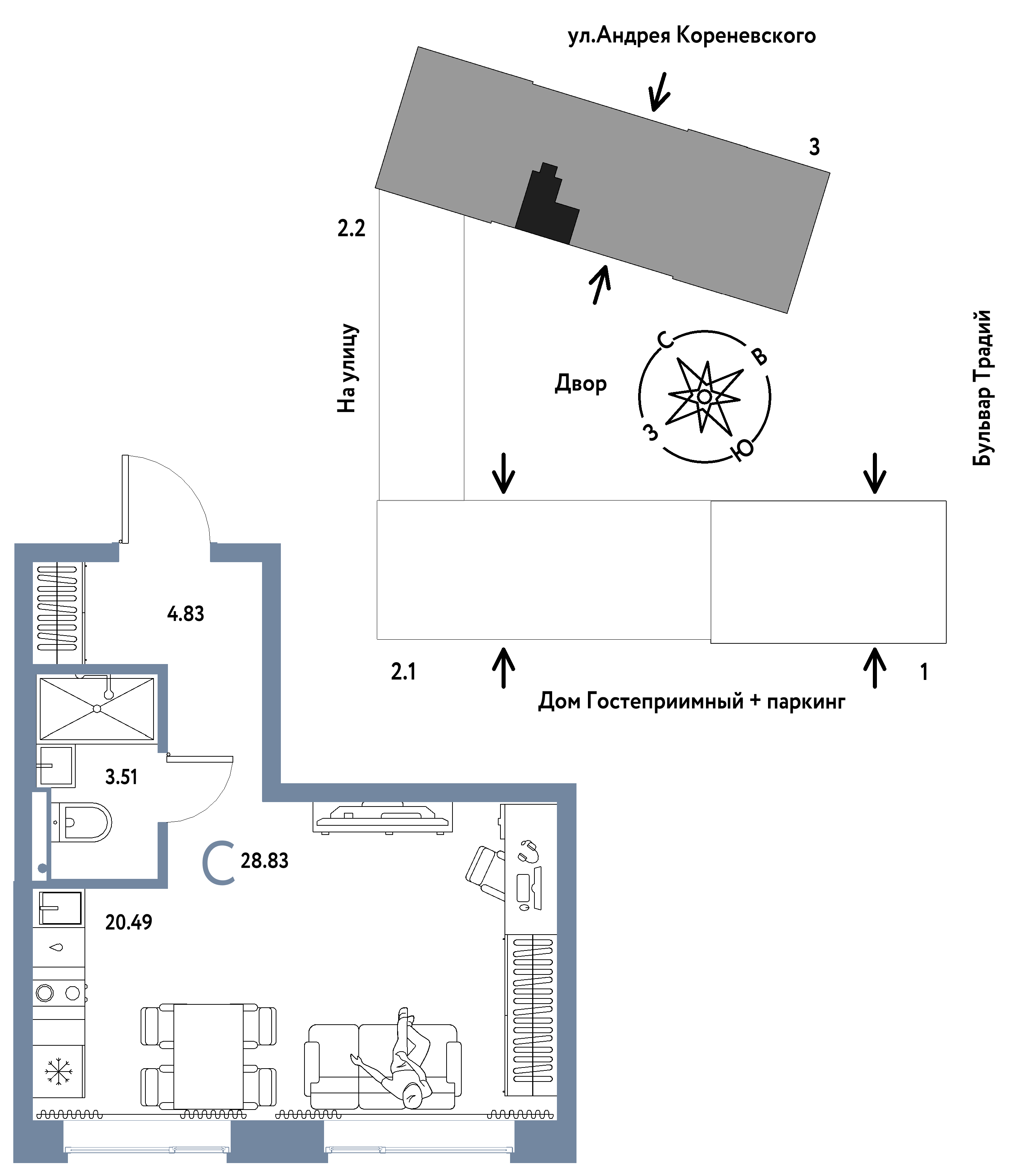 Студия 28 м2 в ЖК Микрорайон Домашний корпус null этаж 10