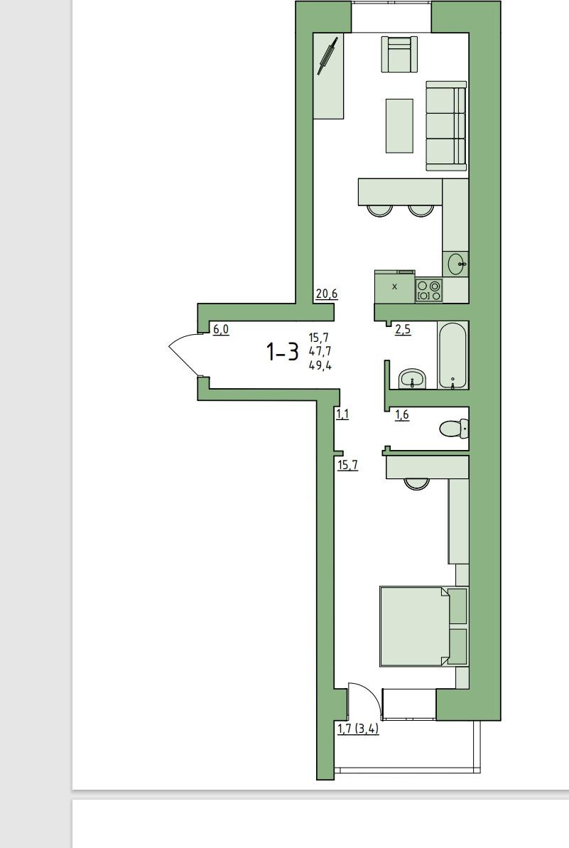 2-комнатная 49.4 м2 в ЖК undefined корпус null этаж 5