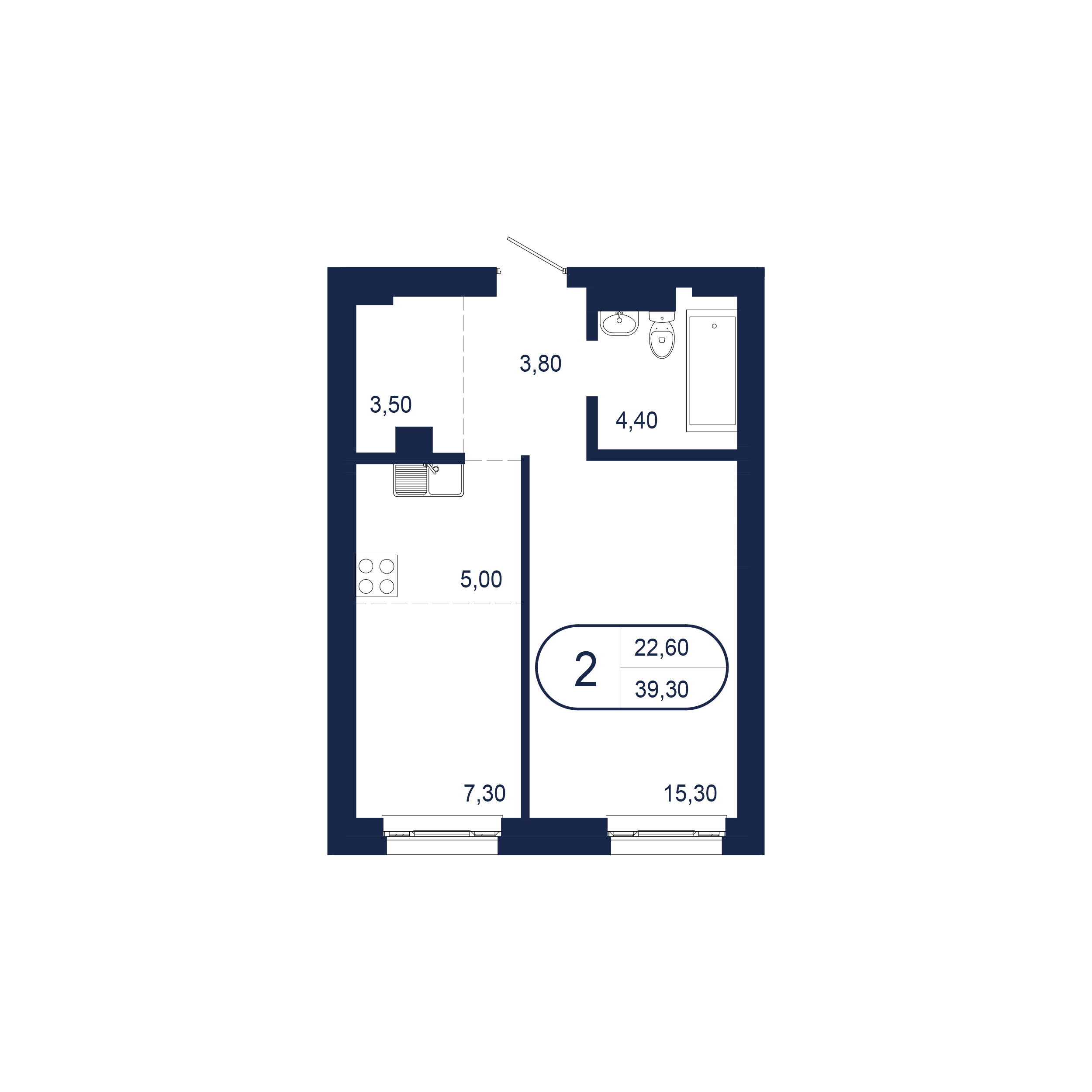 2-комнатная 39 м2 в ЖК Клубный дом «NEW BRIDGE» корпус null этаж 5
