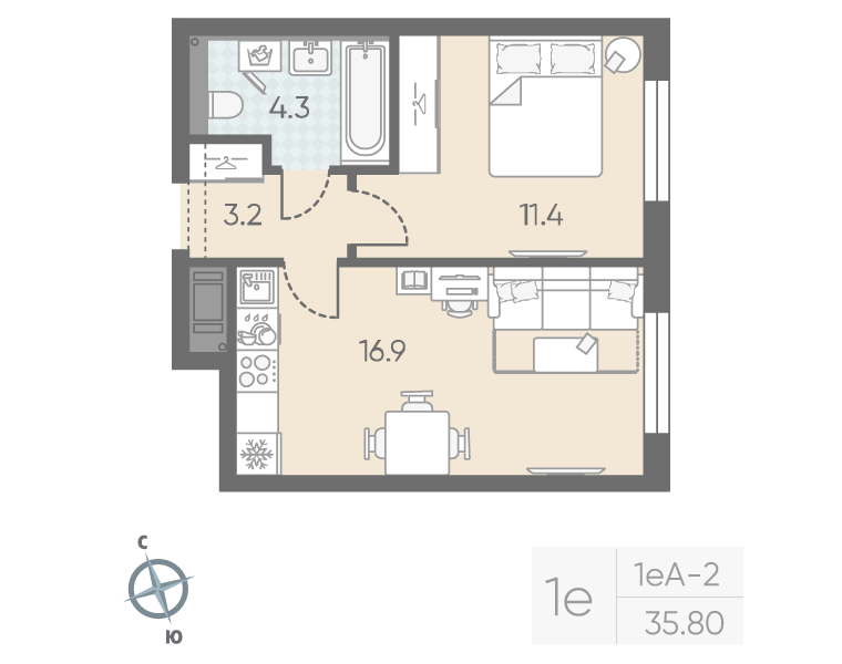 1-комнатная 35 м2 в ЖК Большая Охта корпус null этаж 4