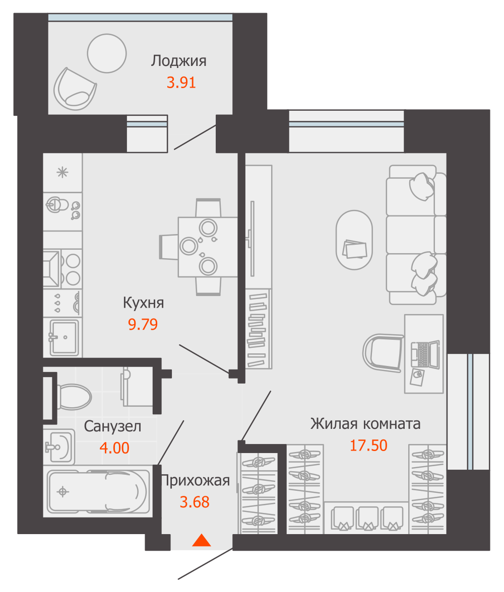 1-комнатная 37 м2 в ЖК ZNAK корпус null этаж 4