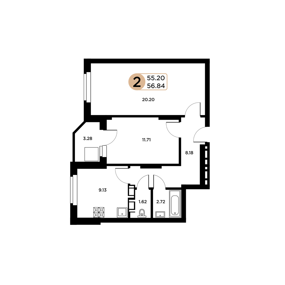 2-комнатная 57 м2 в ЖК Московский корпус null этаж 7