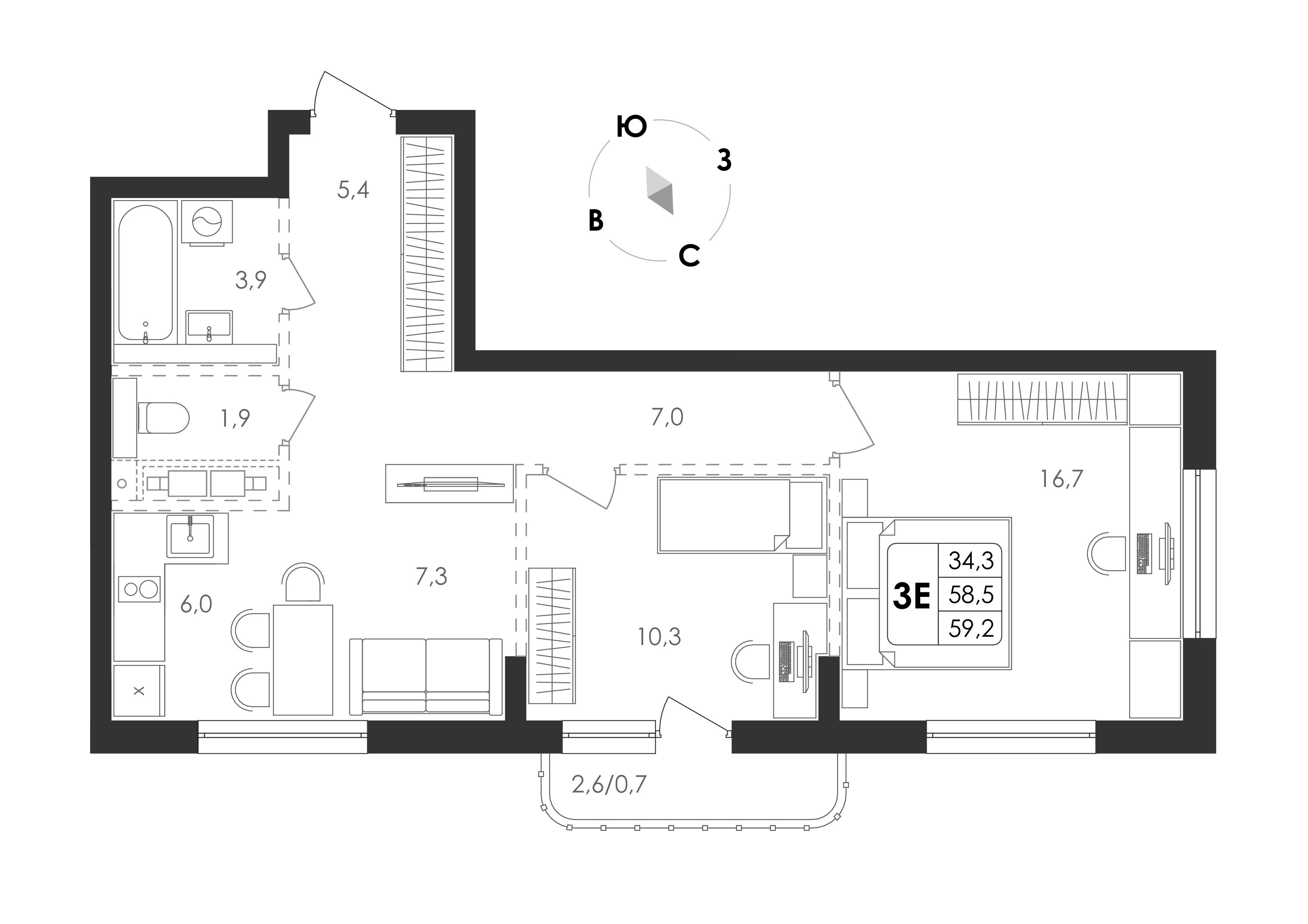 3-комнатная 59 м2 в ЖК Циолковский корпус null этаж 4