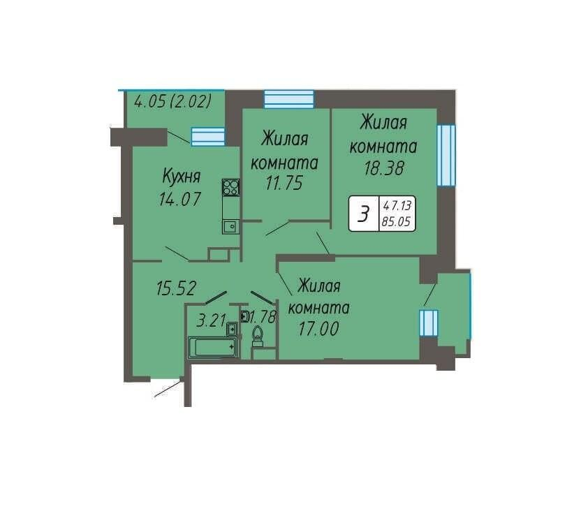 3-комнатная 85 м2 в ЖК Микрорайон Никольский корпус null этаж 8
