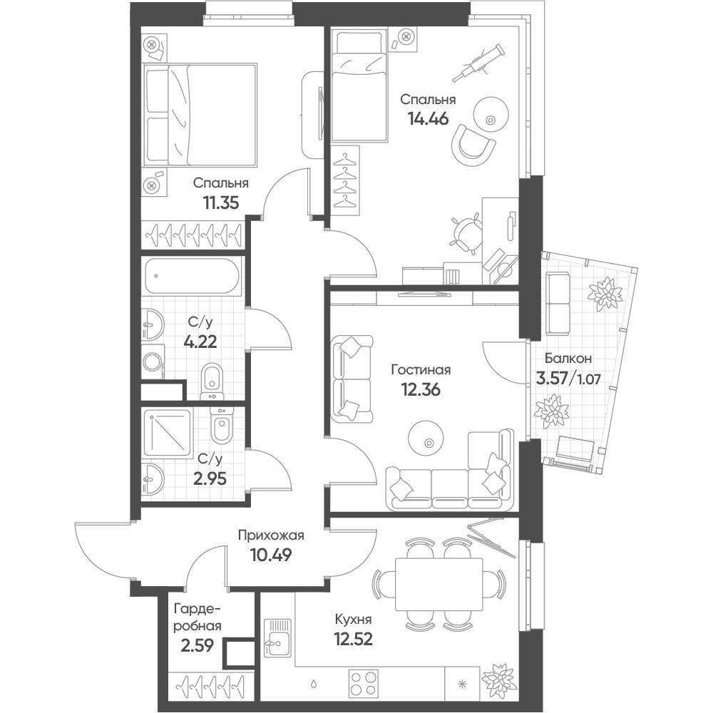 3-комнатная 72 м2 в ЖК Счастье в Казани корпус null этаж 12