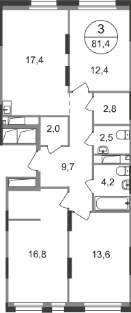 3-комнатная 81 м2 в ЖК Первый Московский корпус null этаж 10