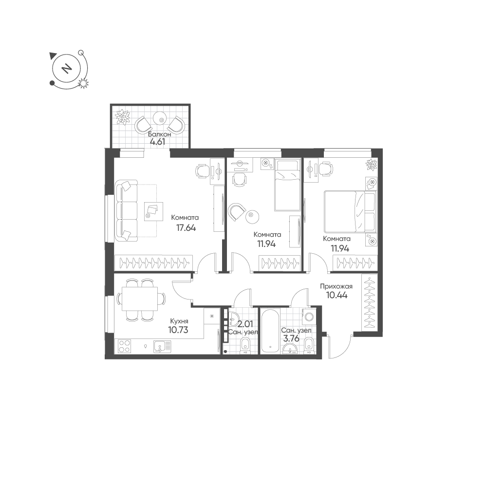 3-комнатная 69 м2 в ЖК Балтым-Парк корпус null этаж 3